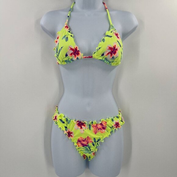 PINK Victoria's Secret Yellow Size Small Floral Tropical Mini Bikini Set - Picture 1 of 13